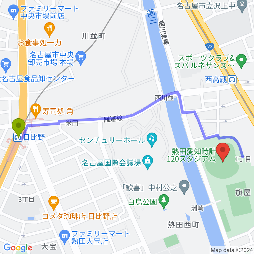 日比野駅から熱田愛知時計120スタジアムへのルートマップ地図