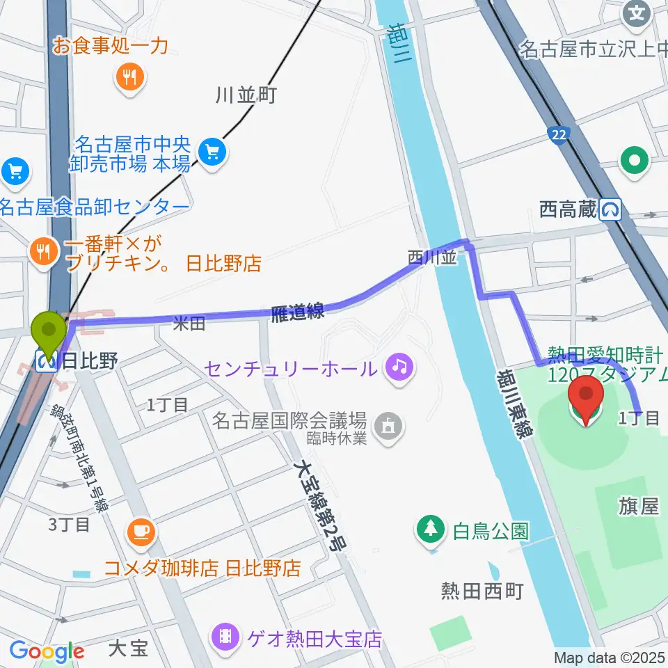 日比野駅から熱田愛知時計120スタジアムへのルートマップ地図