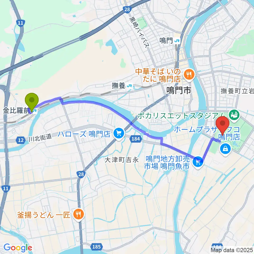 金比羅前駅からオロナミンC球場へのルートマップ地図