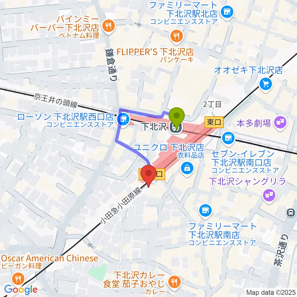 下北沢K2の最寄駅下北沢駅からの徒歩ルート（約2分）地図