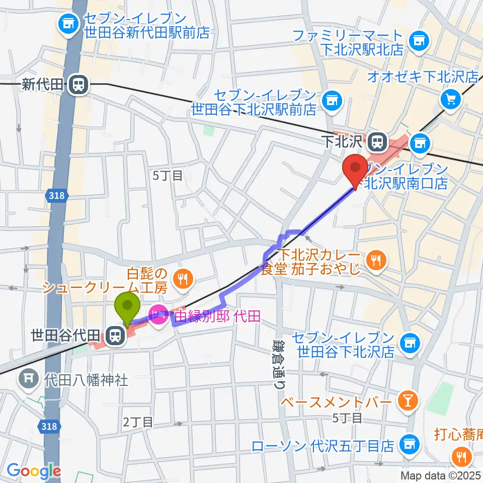 世田谷代田駅から下北沢K2へのルートマップ地図