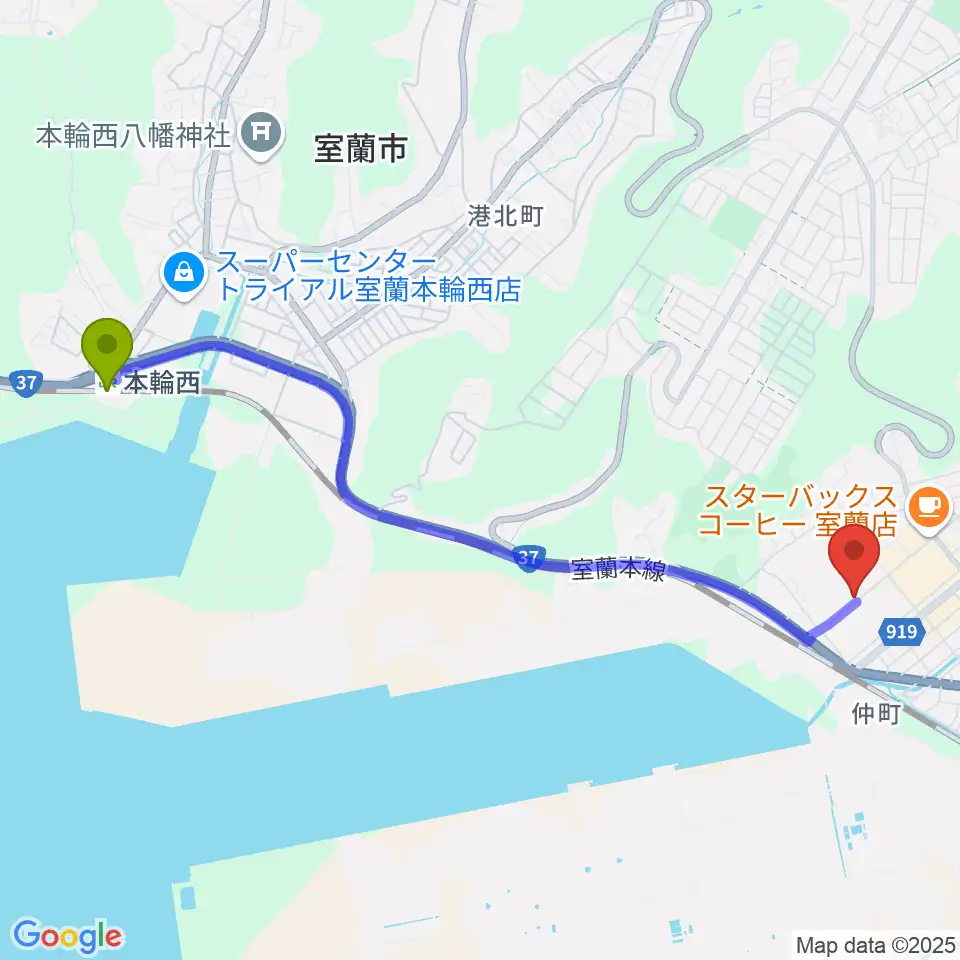 本輪西駅から新和産業アイスアリーナ室蘭へのルートマップ地図