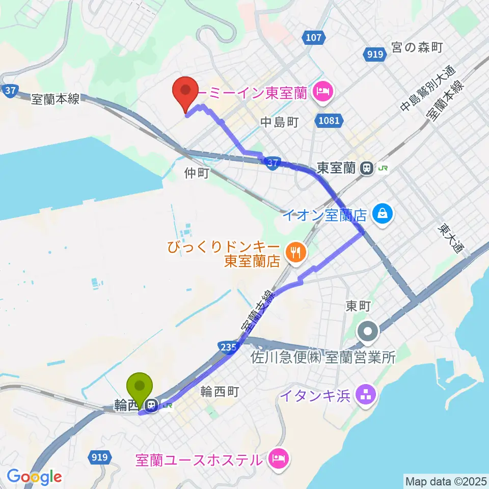 輪西駅から新和産業アイスアリーナ室蘭へのルートマップ地図