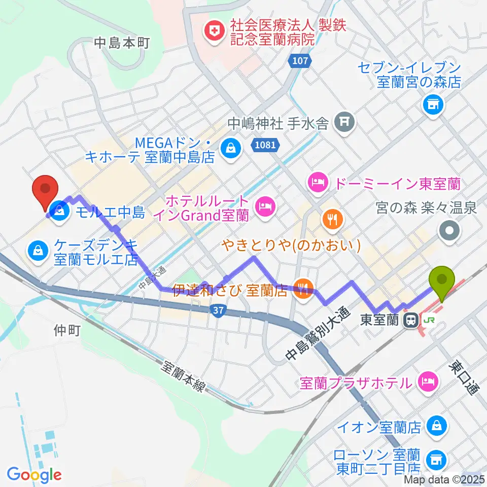 新和産業アイスアリーナ室蘭の最寄駅東室蘭駅からの徒歩ルート（約24分）地図