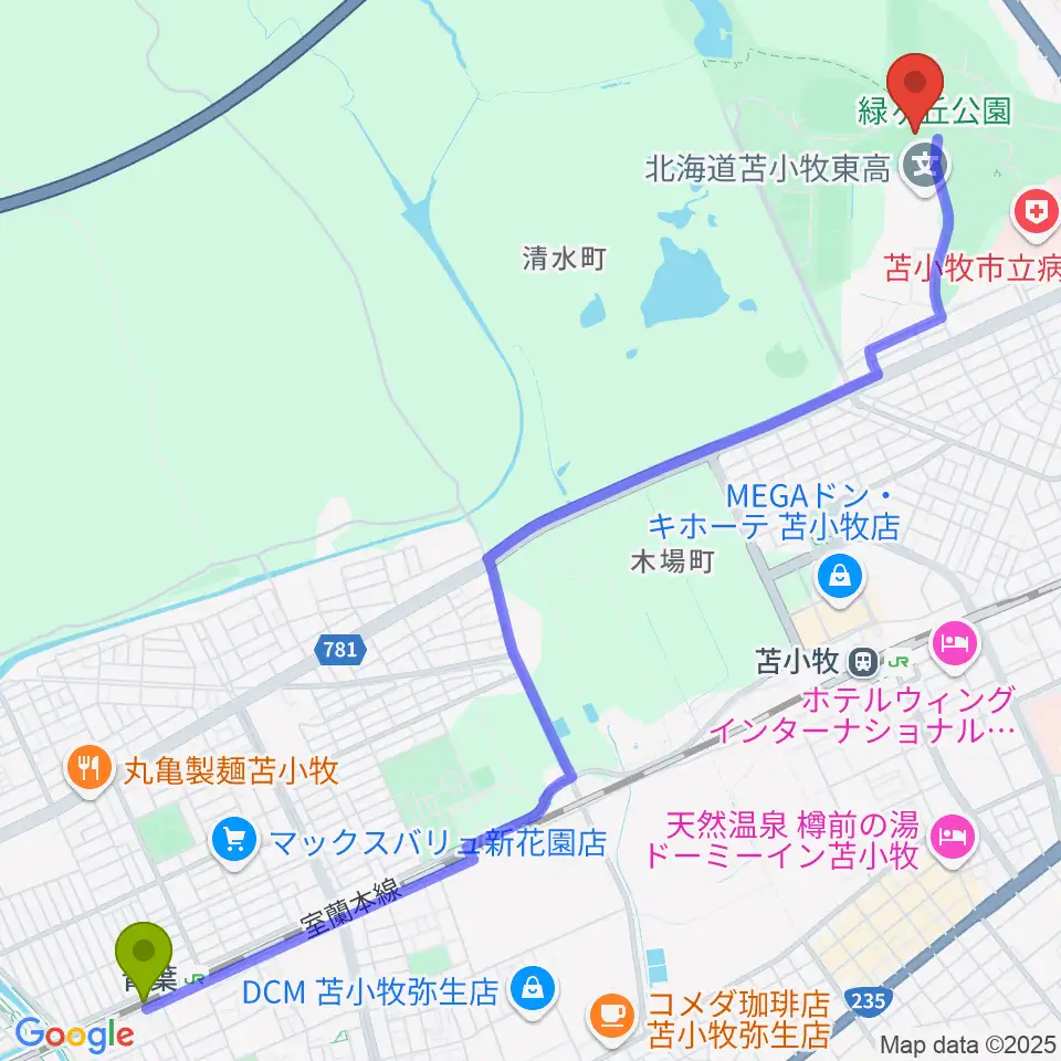 青葉駅からとましんスタジアムへのルートマップ地図