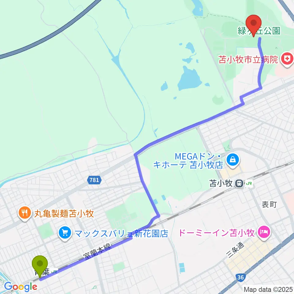 青葉駅からとましんスタジアムへのルートマップ地図