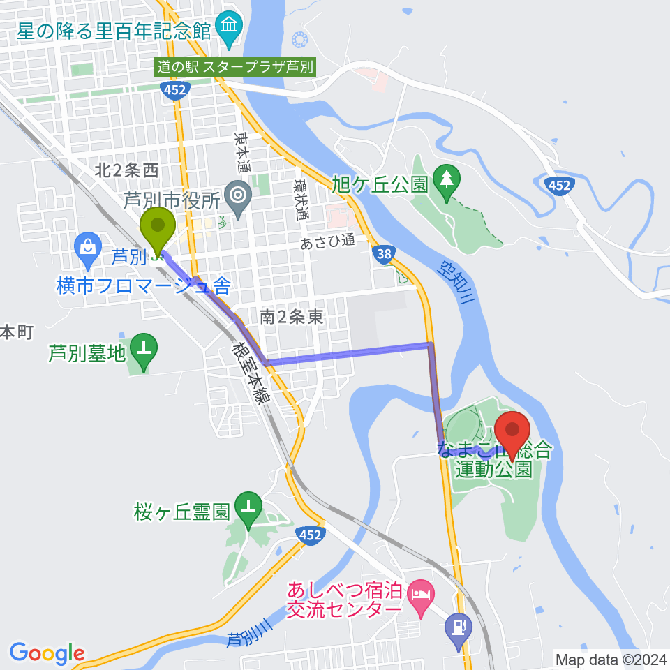 芦別市民球場の最寄駅芦別駅からの徒歩ルート（約34分）地図