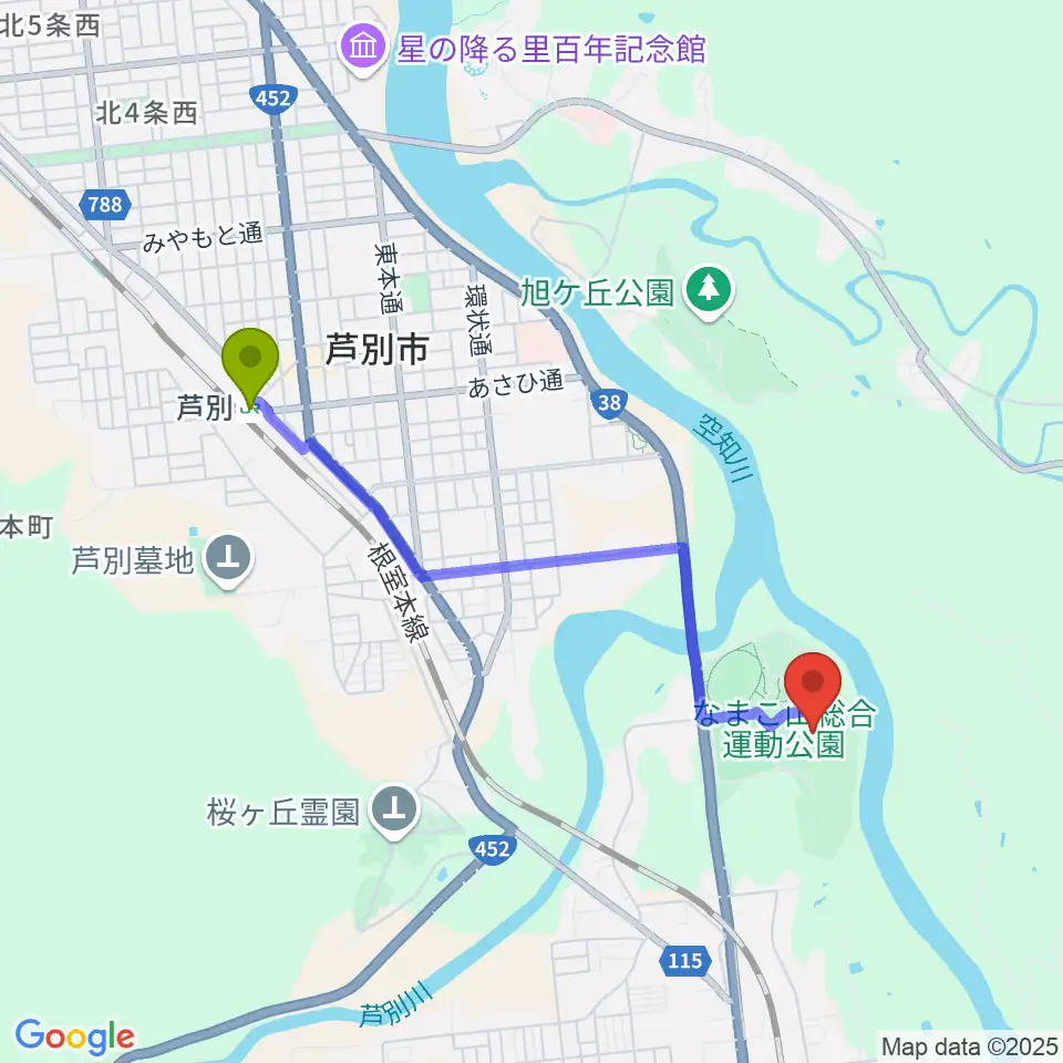 芦別市民球場の最寄駅芦別駅からの徒歩ルート（約34分）地図