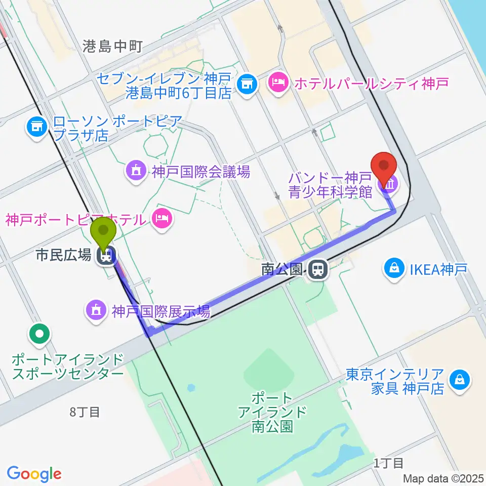 市民広場駅からバンドー神戸青少年科学館へのルートマップ地図