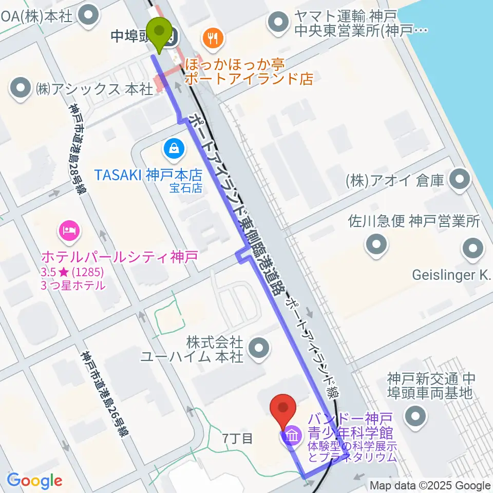 中埠頭駅からバンドー神戸青少年科学館へのルートマップ地図