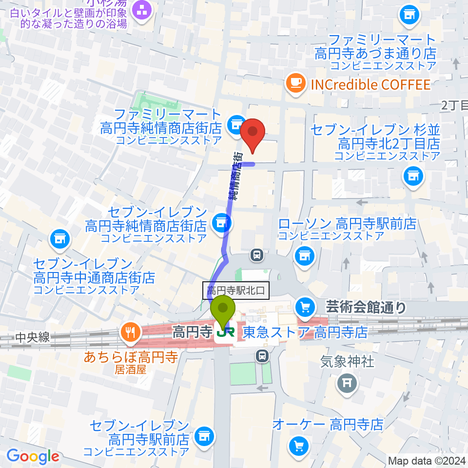 高円寺スタジオ・コヤーマR店の最寄駅高円寺駅からの徒歩ルート（約3分）地図