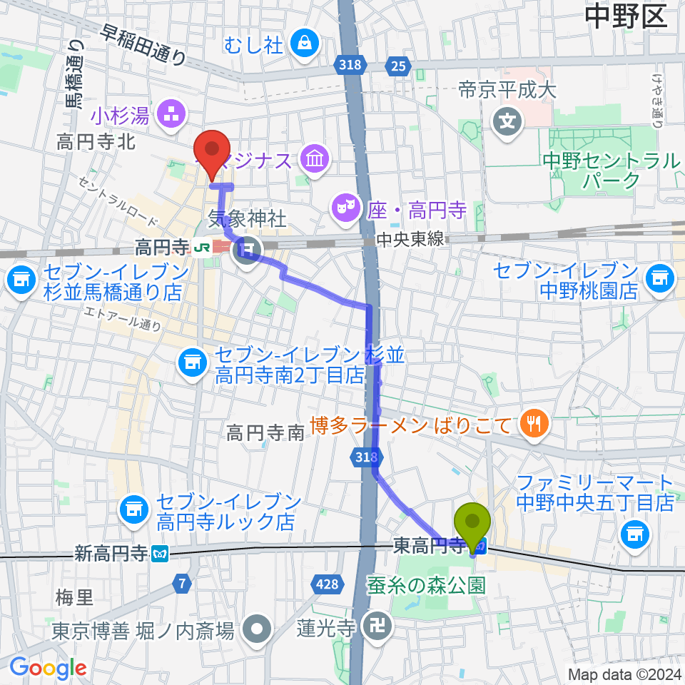 東高円寺駅から高円寺スタジオ・コヤーマR店へのルートマップ地図