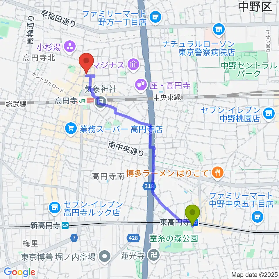 東高円寺駅から高円寺スタジオ・コヤーマR店へのルートマップ地図