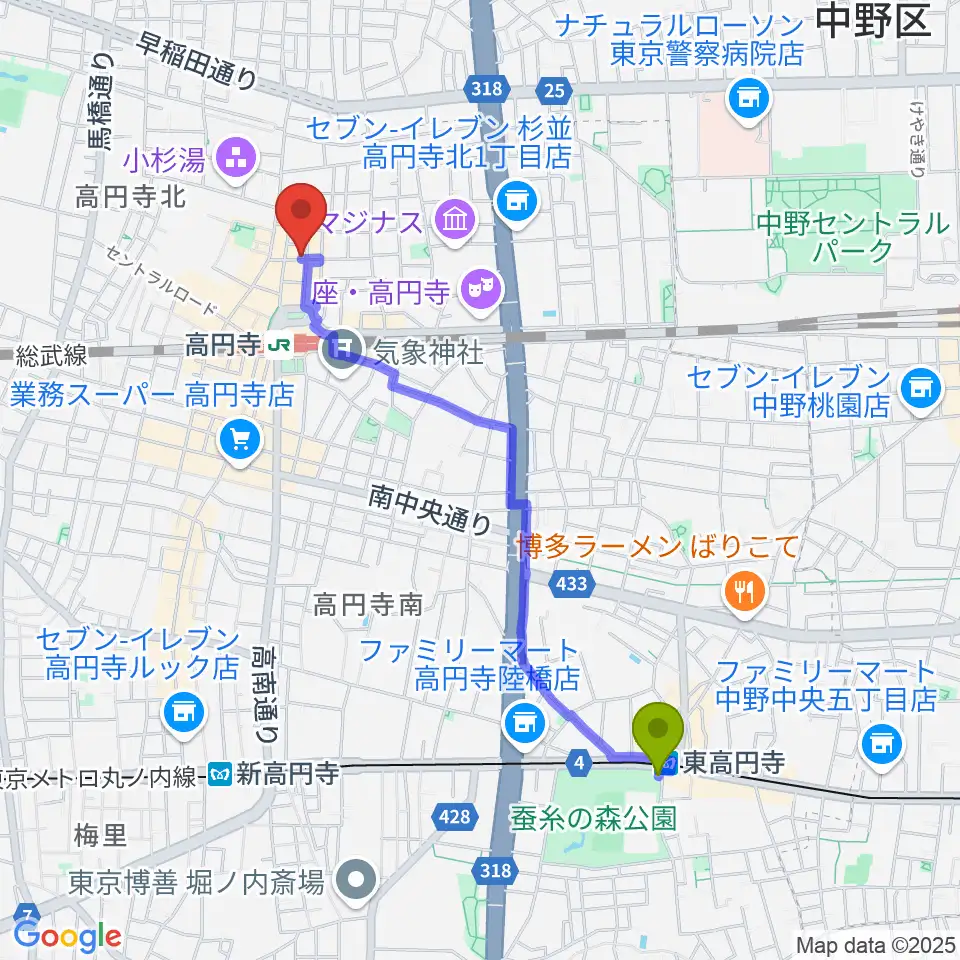 東高円寺駅からスタジオ・コヤーマR店へのルートマップ地図