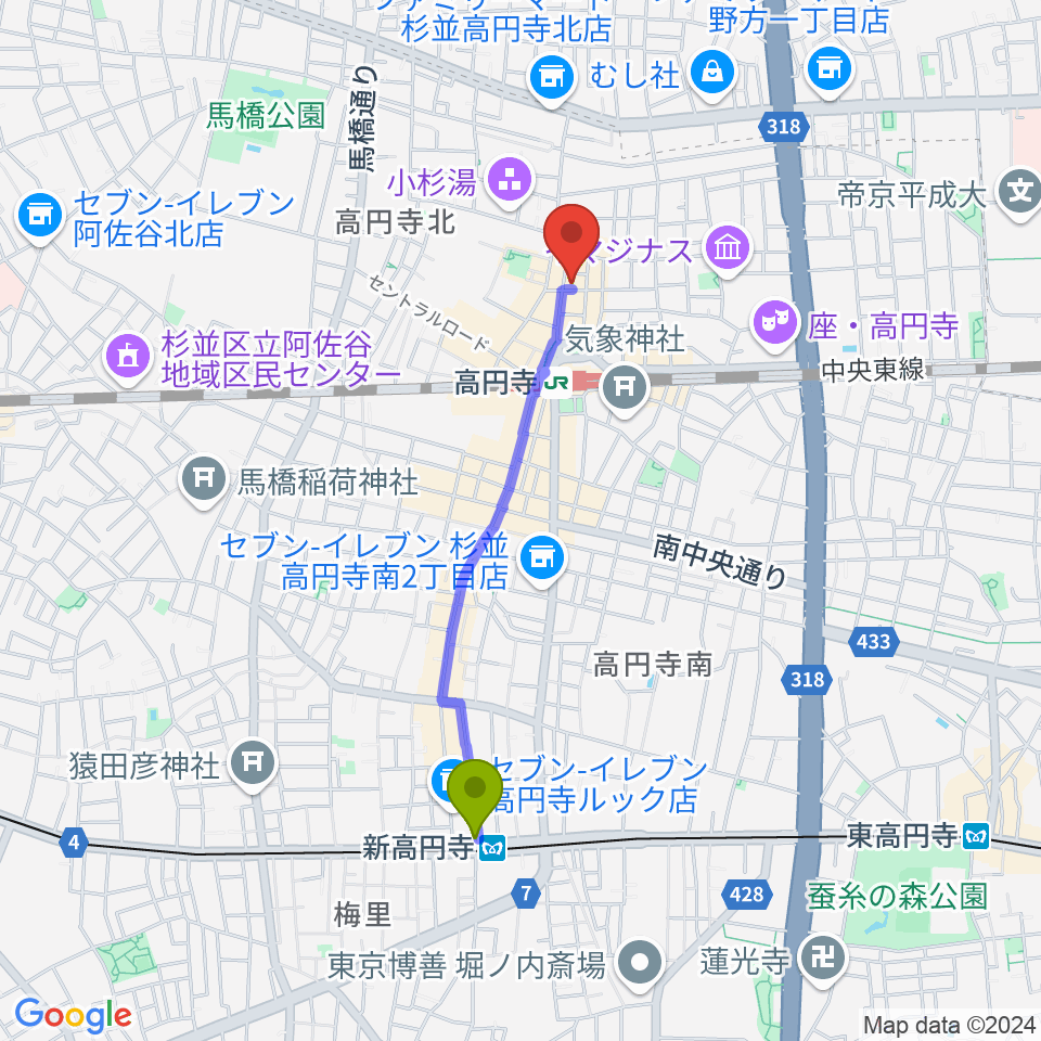 新高円寺駅から高円寺スタジオ・コヤーマR店へのルートマップ地図