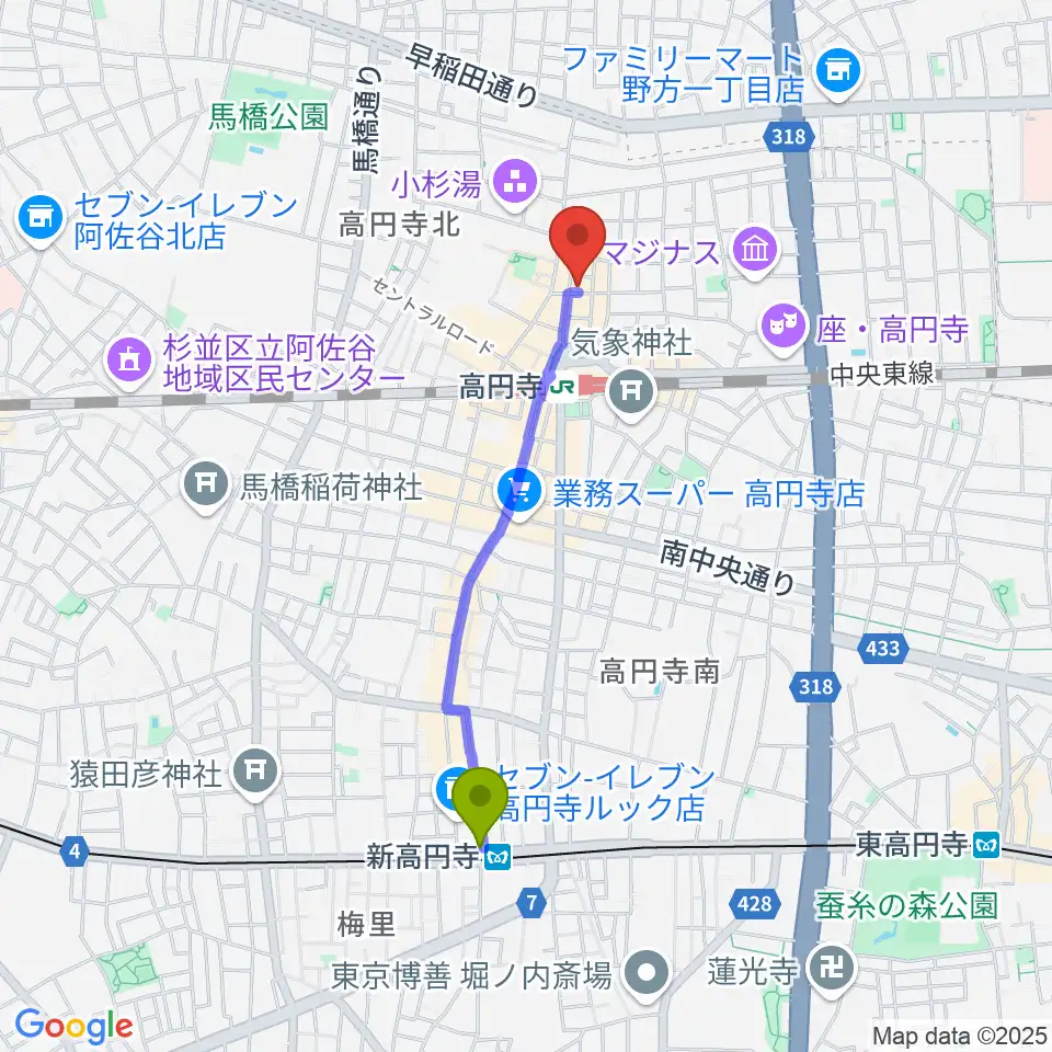 新高円寺駅から高円寺スタジオ・コヤーマR店へのルートマップ地図