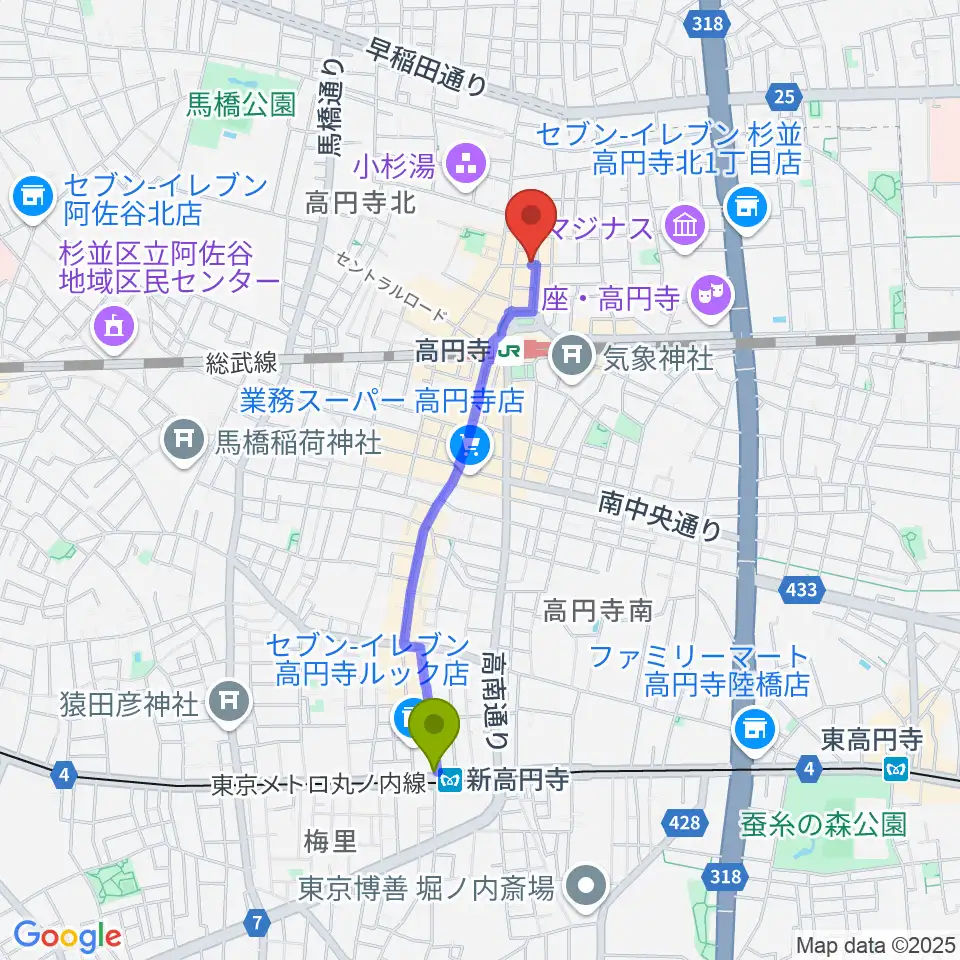 新高円寺駅からスタジオ・コヤーマR店へのルートマップ地図