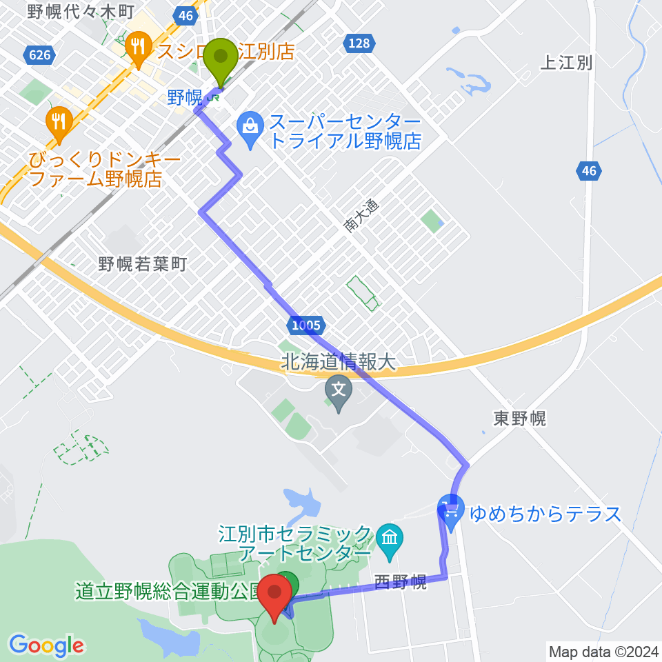 北海道立野幌総合運動公園硬式野球場の最寄駅野幌駅からの徒歩ルート（約45分）地図