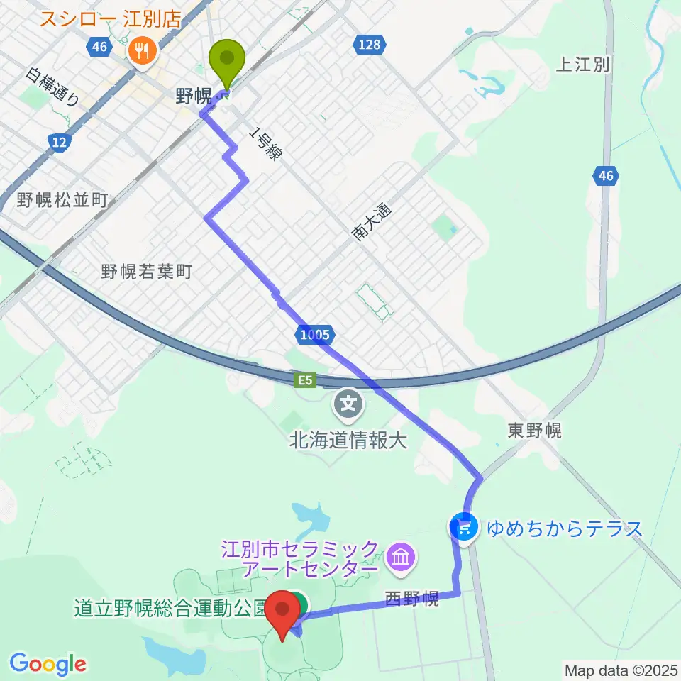 北海道立野幌総合運動公園硬式野球場の最寄駅野幌駅からの徒歩ルート（約45分）地図