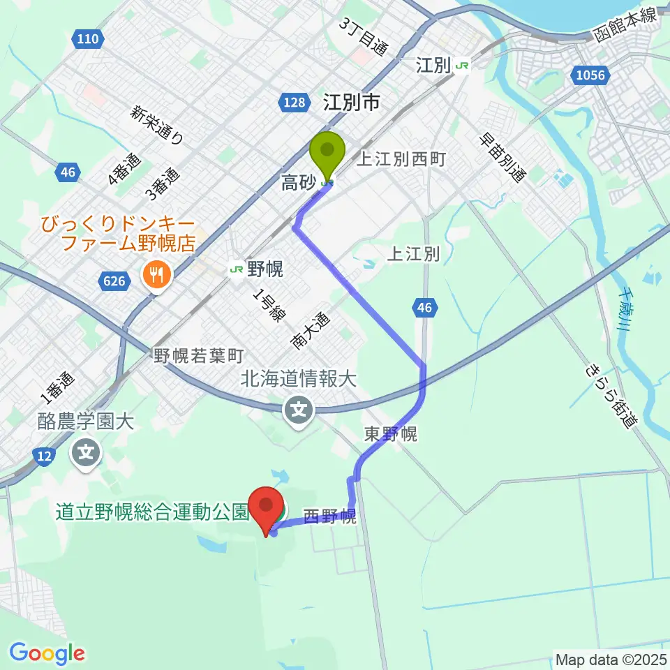 高砂駅から北海道立野幌総合運動公園硬式野球場へのルートマップ地図