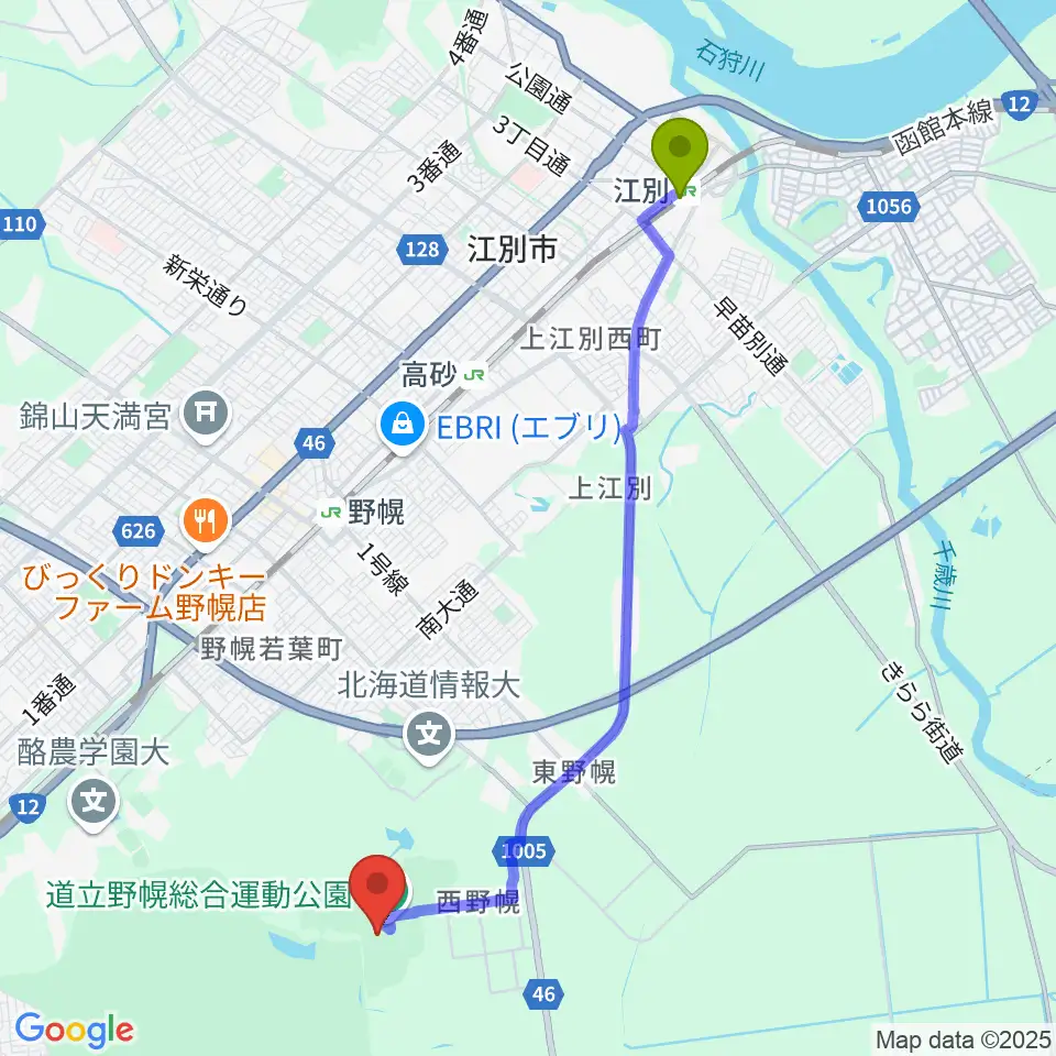 江別駅から北海道立野幌総合運動公園硬式野球場へのルートマップ地図