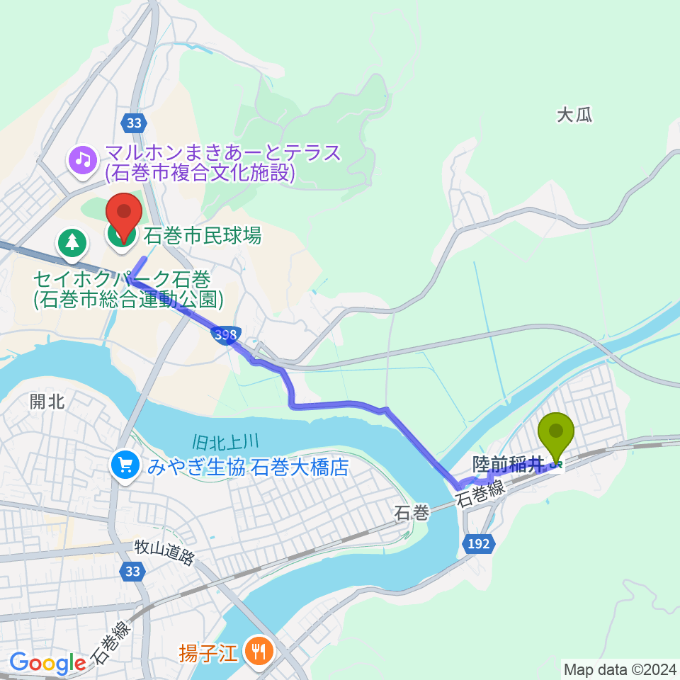 陸前稲井駅から石巻市民球場へのルートマップ地図