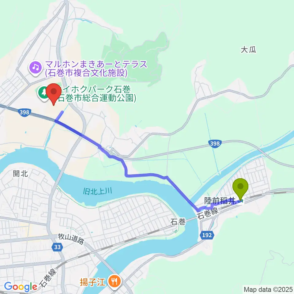 陸前稲井駅から石巻市民球場へのルートマップ地図