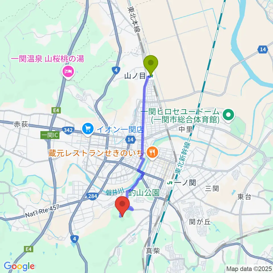 山ノ目駅から一関運動公園野球場へのルートマップ地図