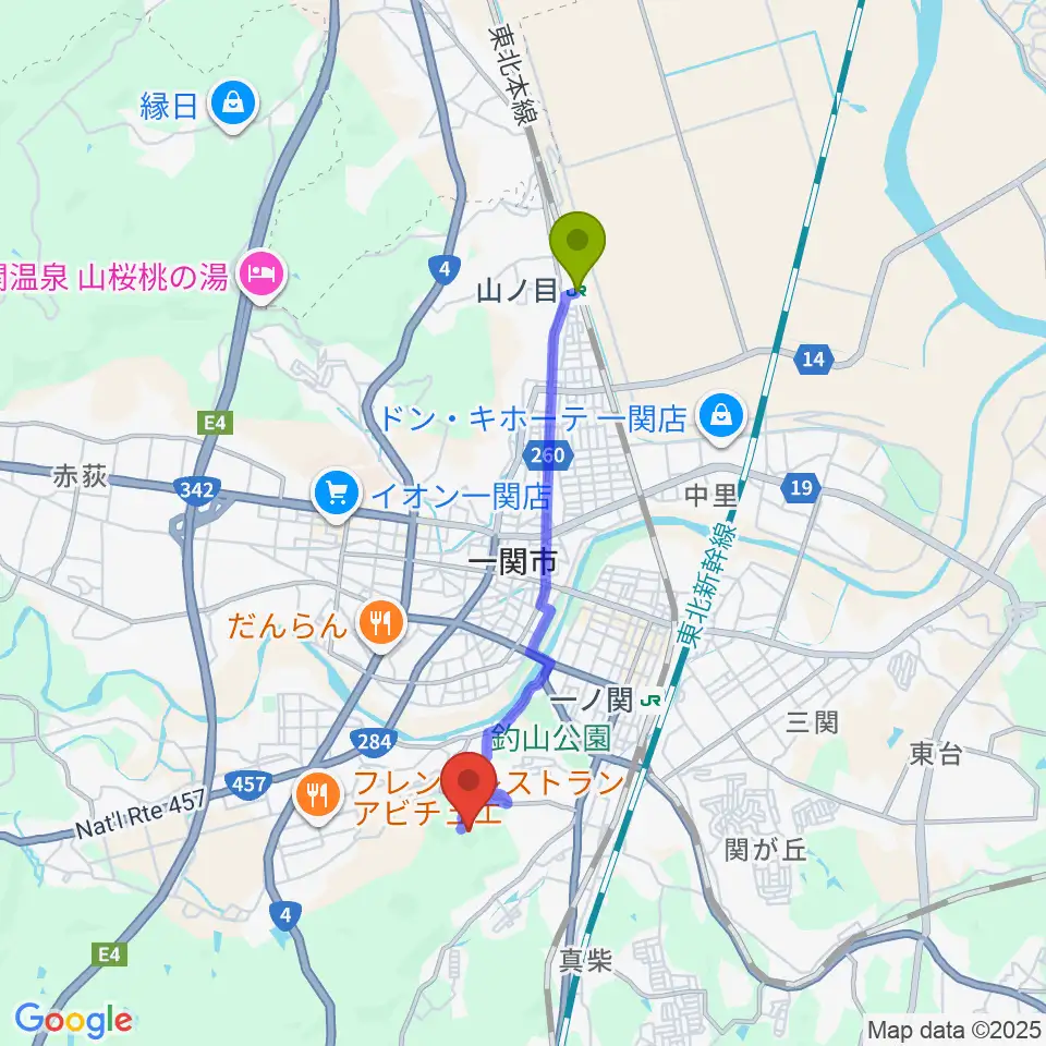 山ノ目駅から一関運動公園野球場へのルートマップ地図