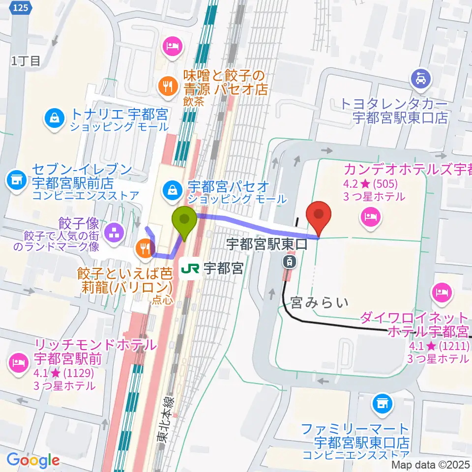 ライトキューブ宇都宮の最寄駅宇都宮駅からの徒歩ルート（約2分）地図