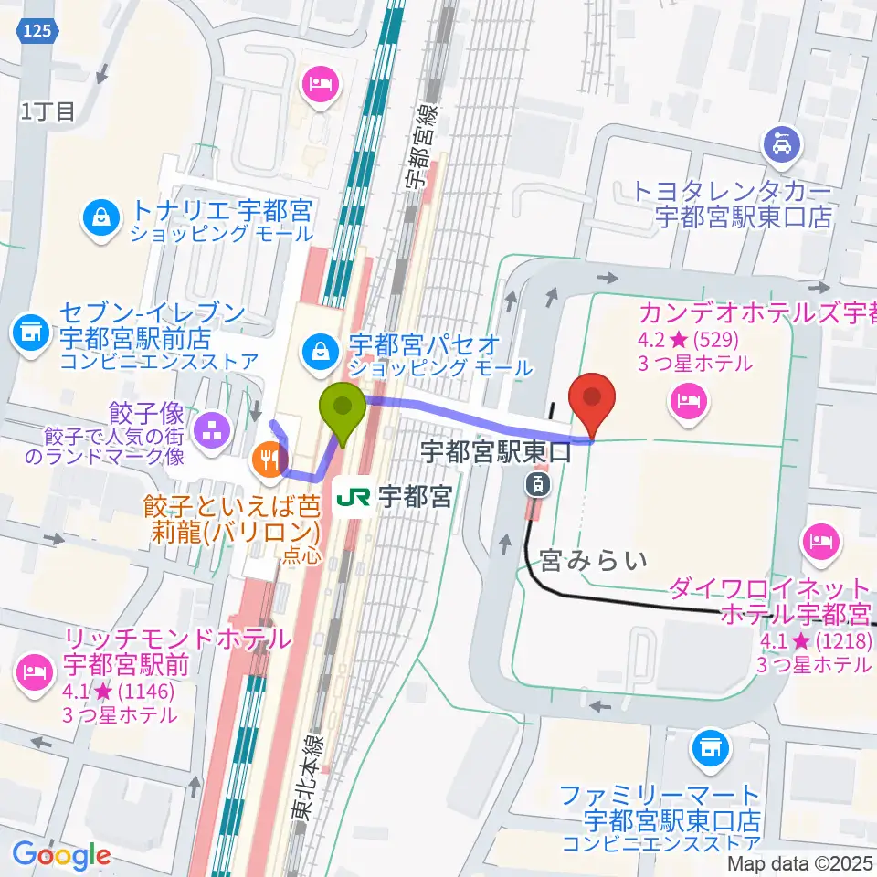 ライトキューブ宇都宮の最寄駅宇都宮駅からの徒歩ルート（約2分）地図