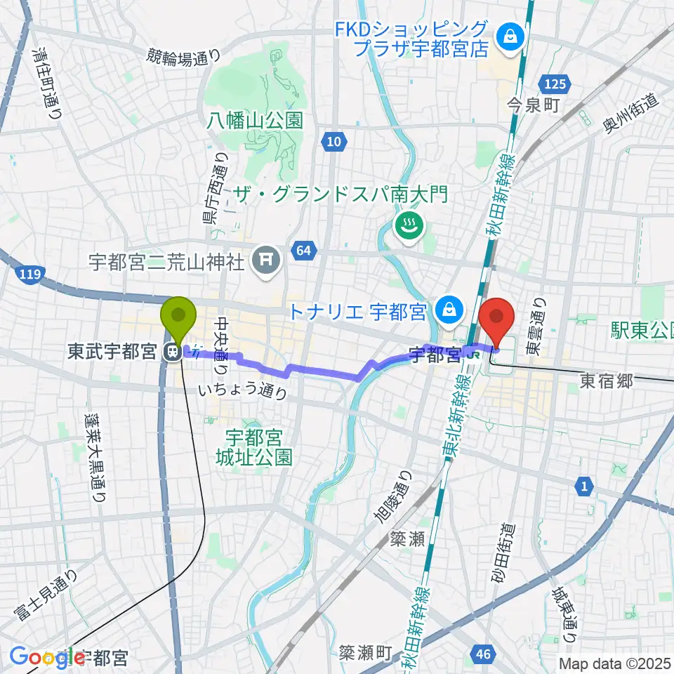 東武宇都宮駅からライトキューブ宇都宮へのルートマップ MDATA 東武宇都宮駅からライトキューブ宇都宮へのルートマップ MDATA