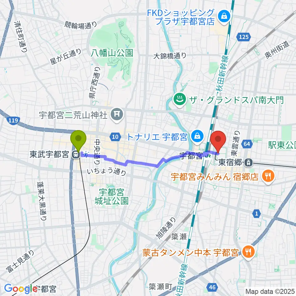 東武宇都宮駅からライトキューブ宇都宮へのルートマップ地図