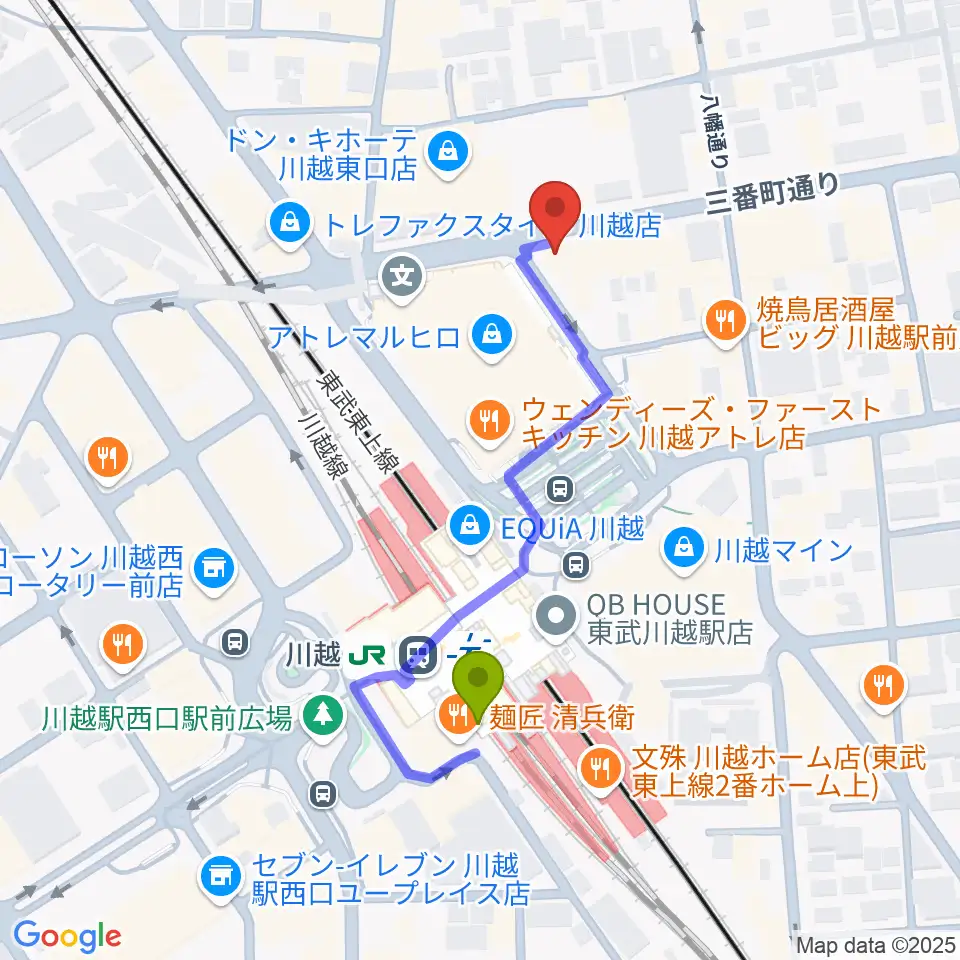 川越駅からラジオ川越へのルートマップ地図