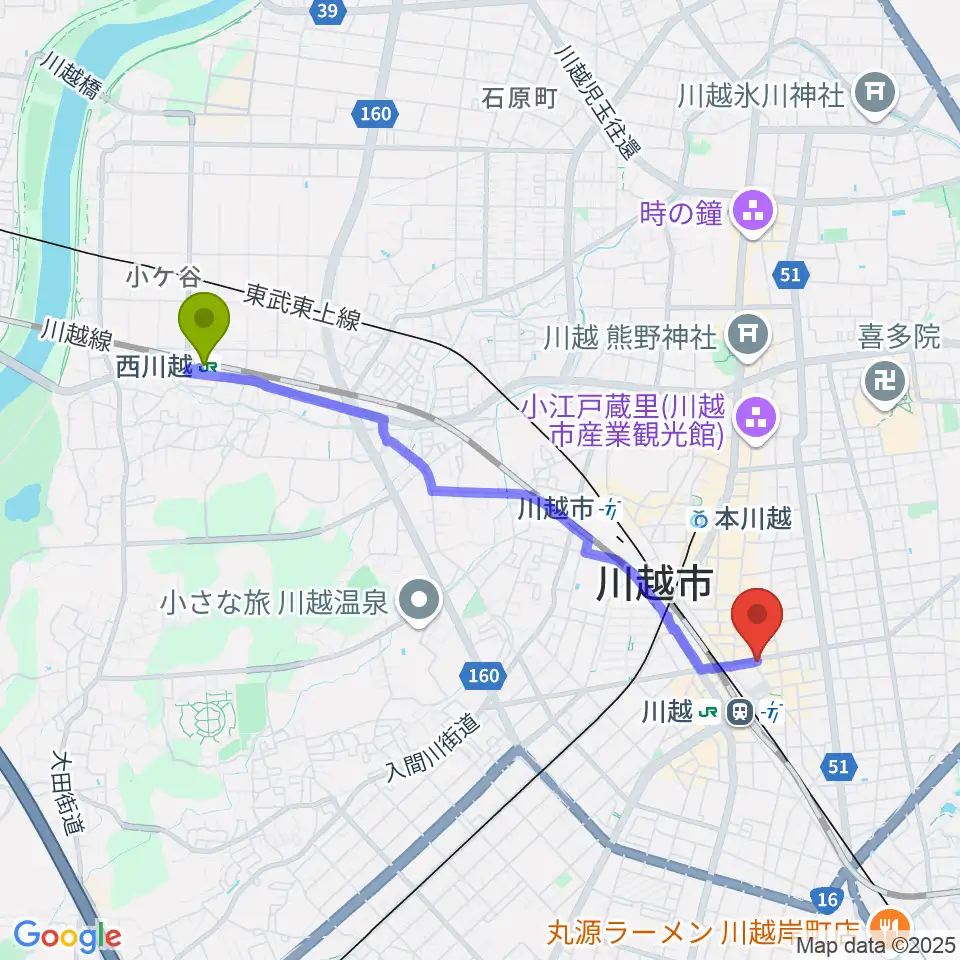 西川越駅からラジオ川越へのルートマップ地図