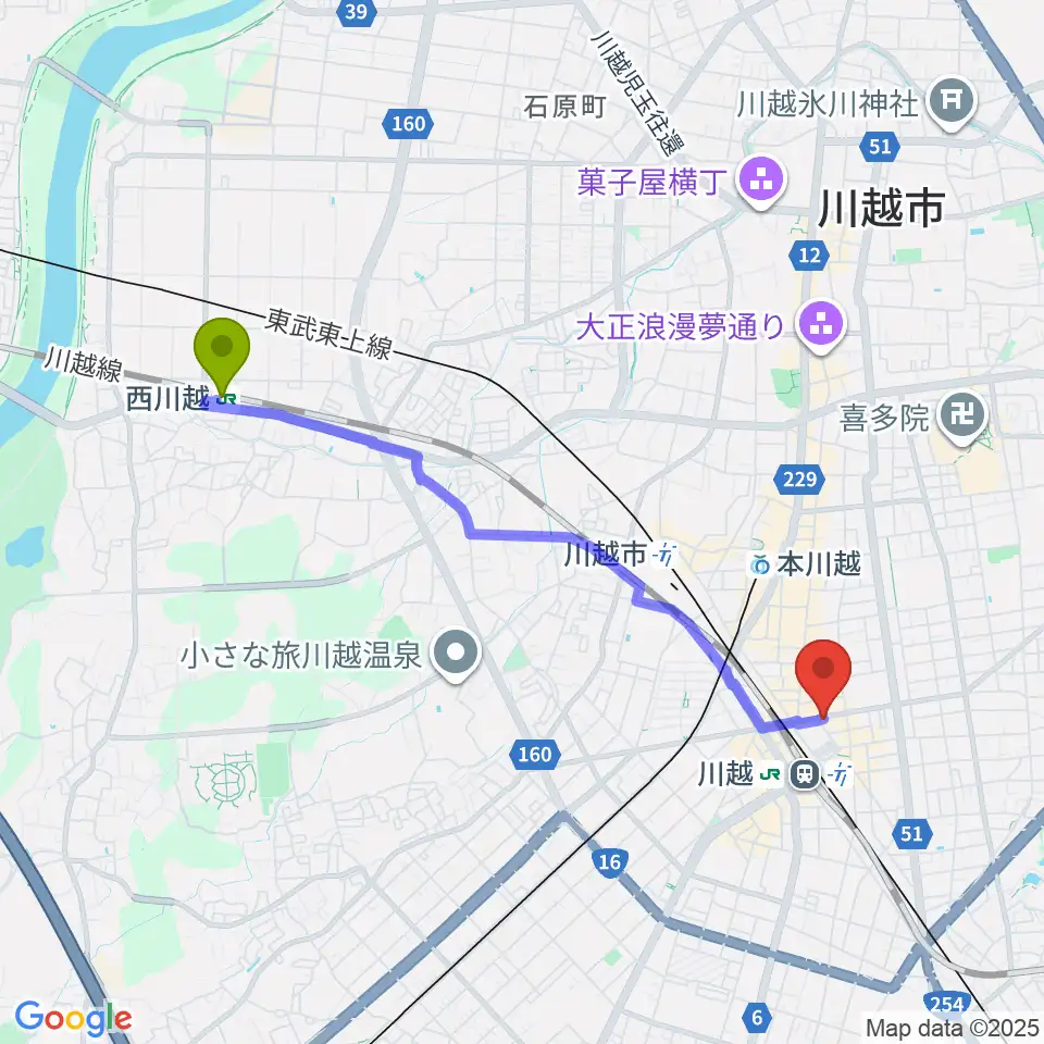 西川越駅からラジオ川越へのルートマップ地図