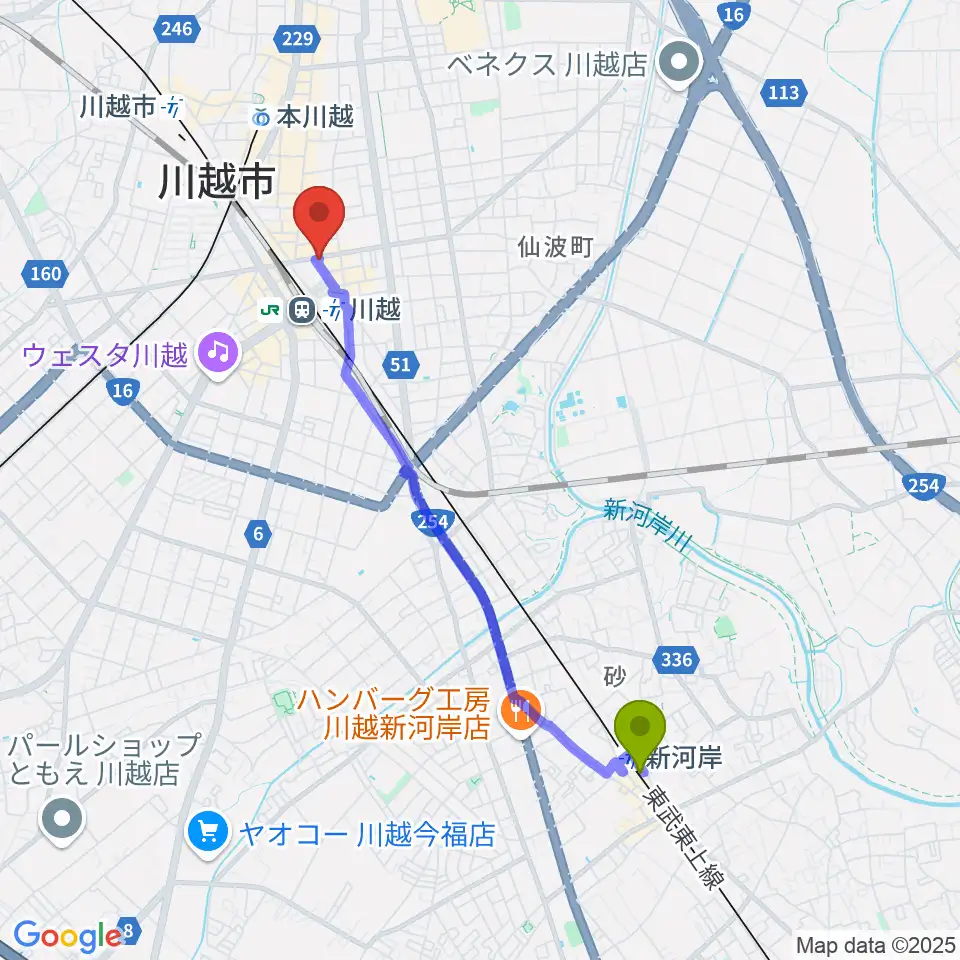 新河岸駅からラジオ川越へのルートマップ地図