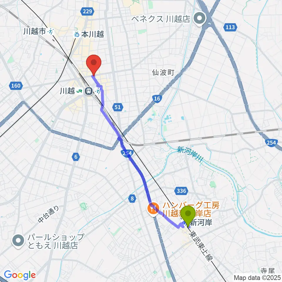 新河岸駅からラジオ川越へのルートマップ地図
