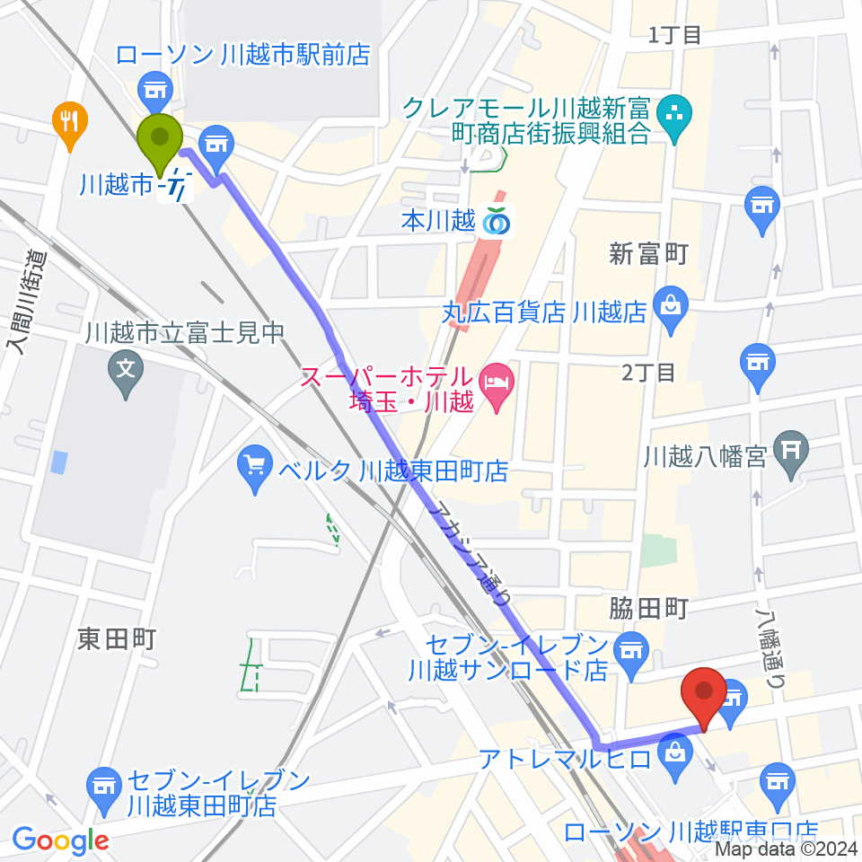 川越市駅からラジオ川越へのルートマップ地図