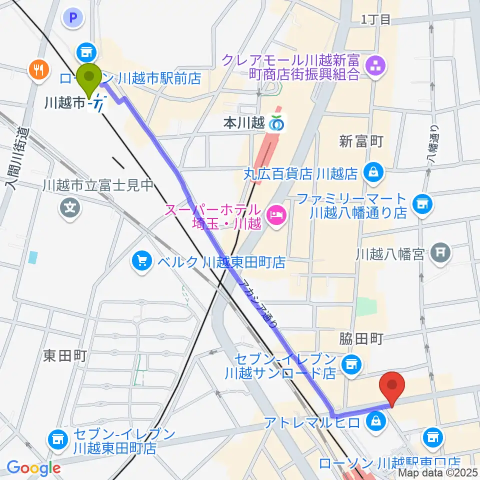 川越市駅からラジオ川越へのルートマップ地図