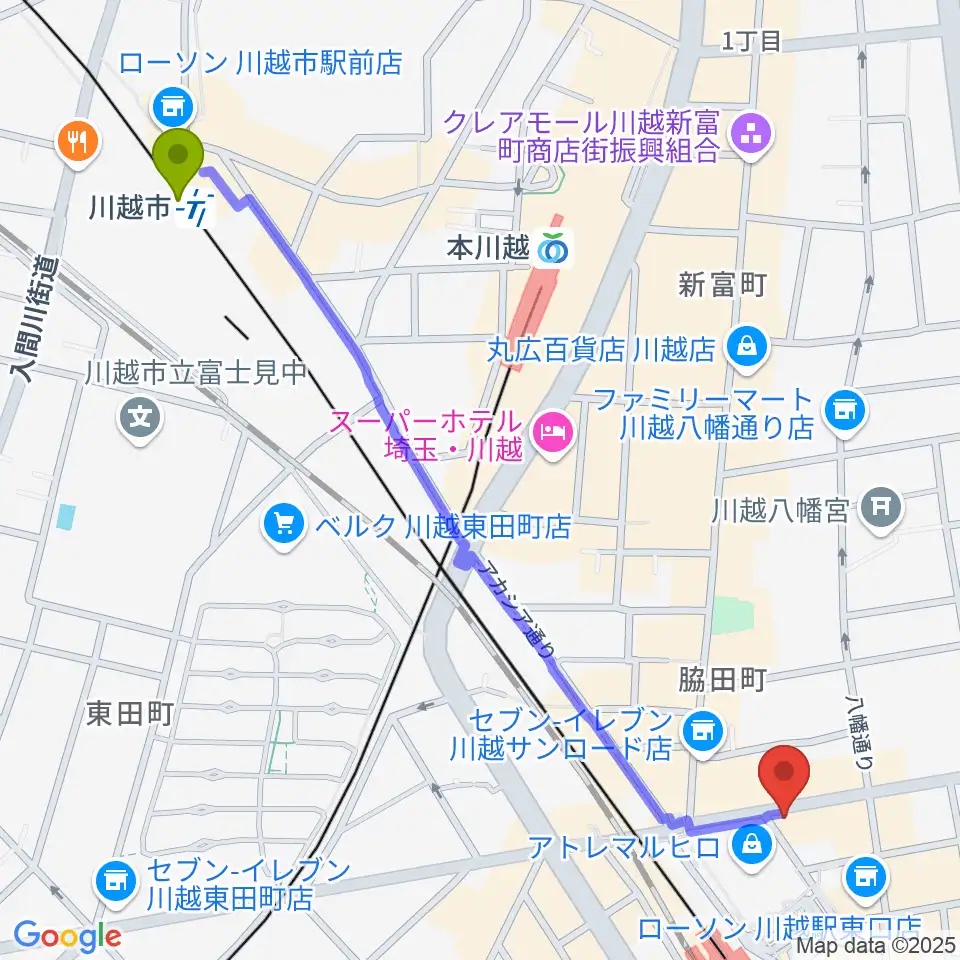 川越市駅からラジオ川越へのルートマップ地図