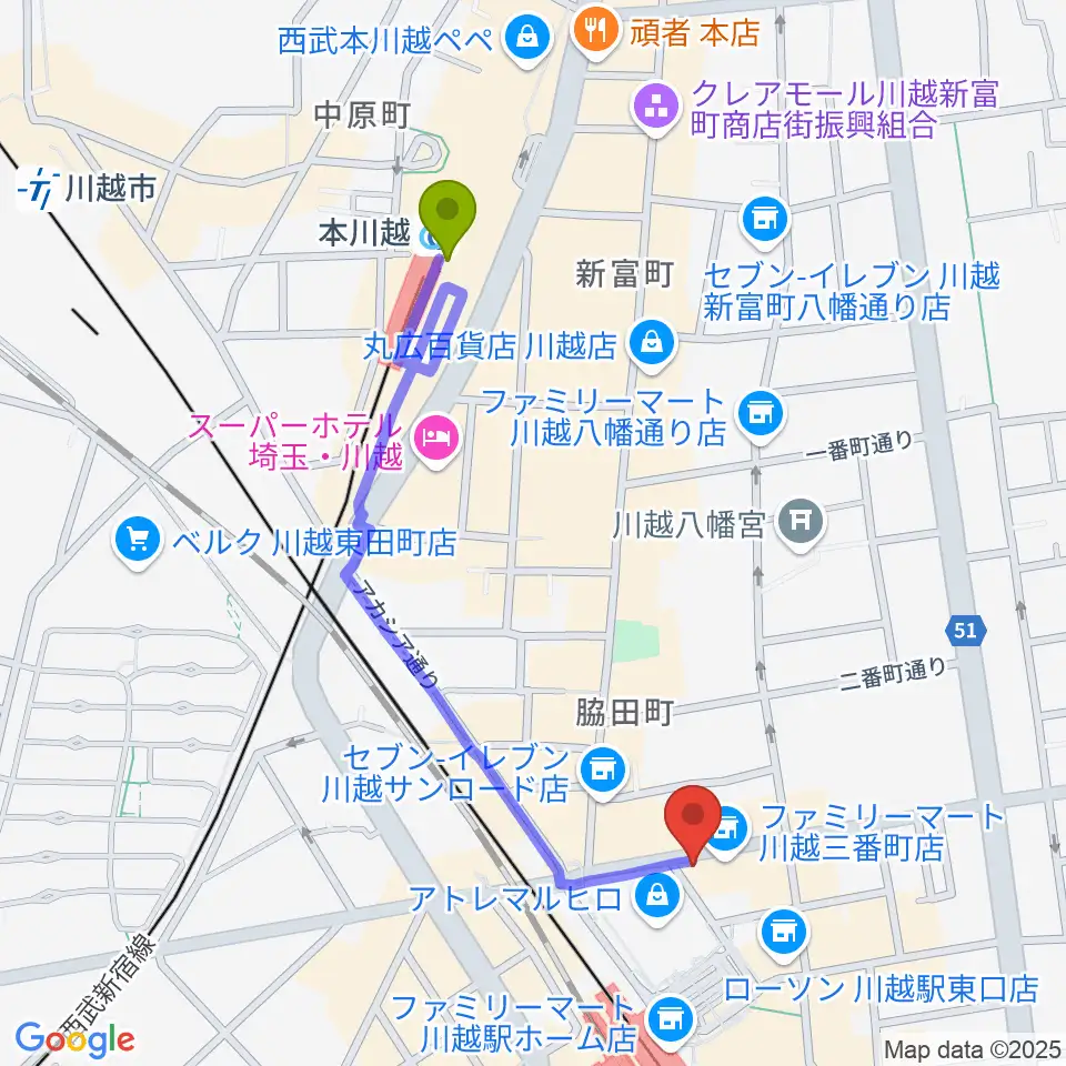 ラジオ川越の最寄駅本川越駅からの徒歩ルート（約9分）地図