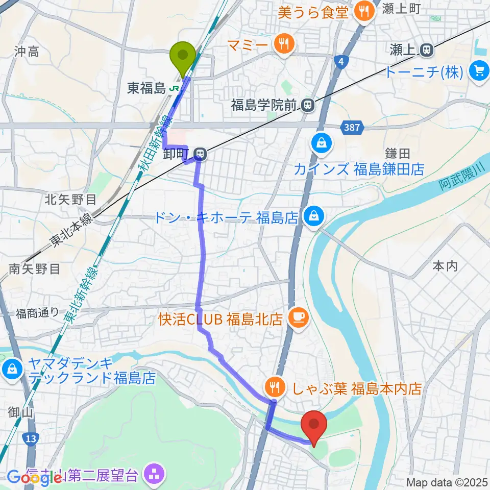 東福島駅から福島市信夫ヶ丘球場へのルートマップ地図