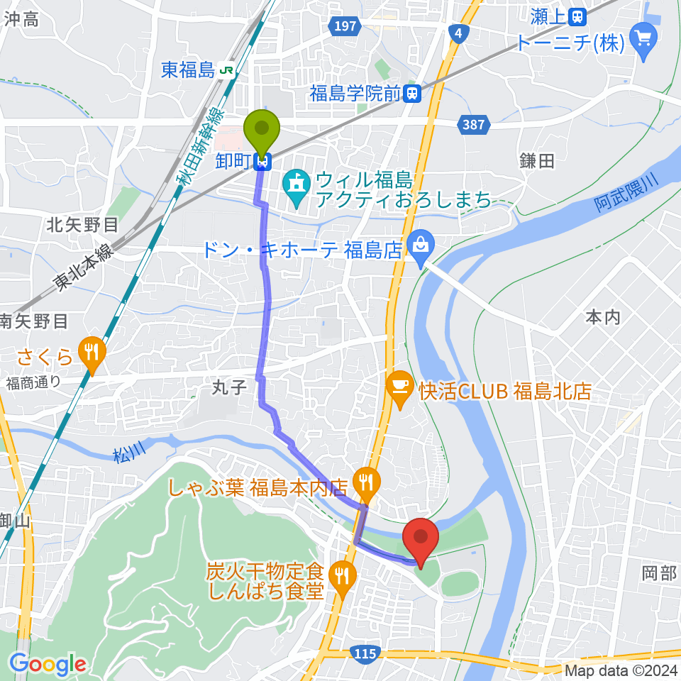 福島市信夫ヶ丘球場の最寄駅卸町駅からの徒歩ルート（約39分）地図