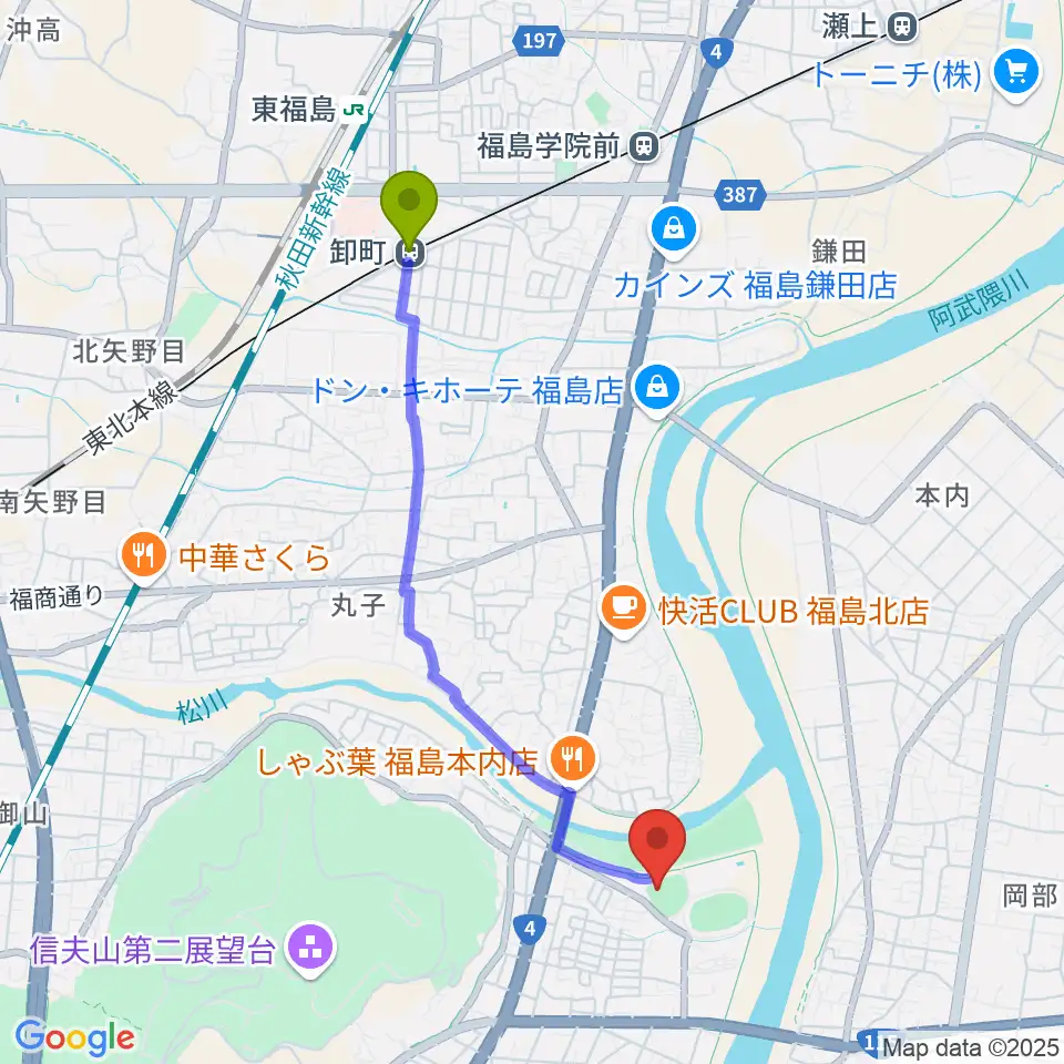 福島市信夫ヶ丘球場の最寄駅卸町駅からの徒歩ルート（約39分）地図