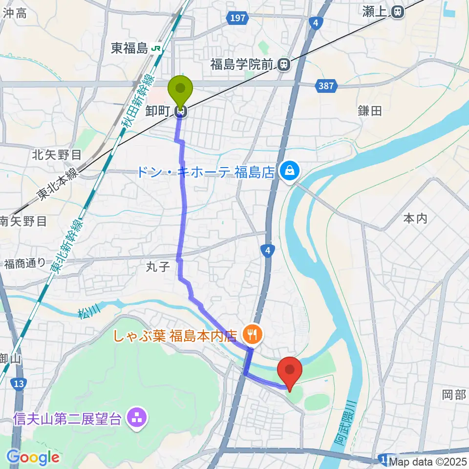 福島市信夫ヶ丘球場の最寄駅卸町駅からの徒歩ルート（約39分）地図