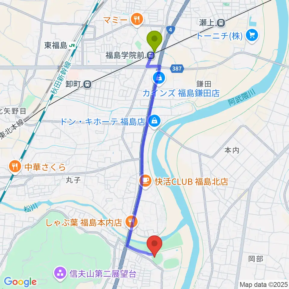 福島学院前駅から福島市信夫ヶ丘球場へのルートマップ地図