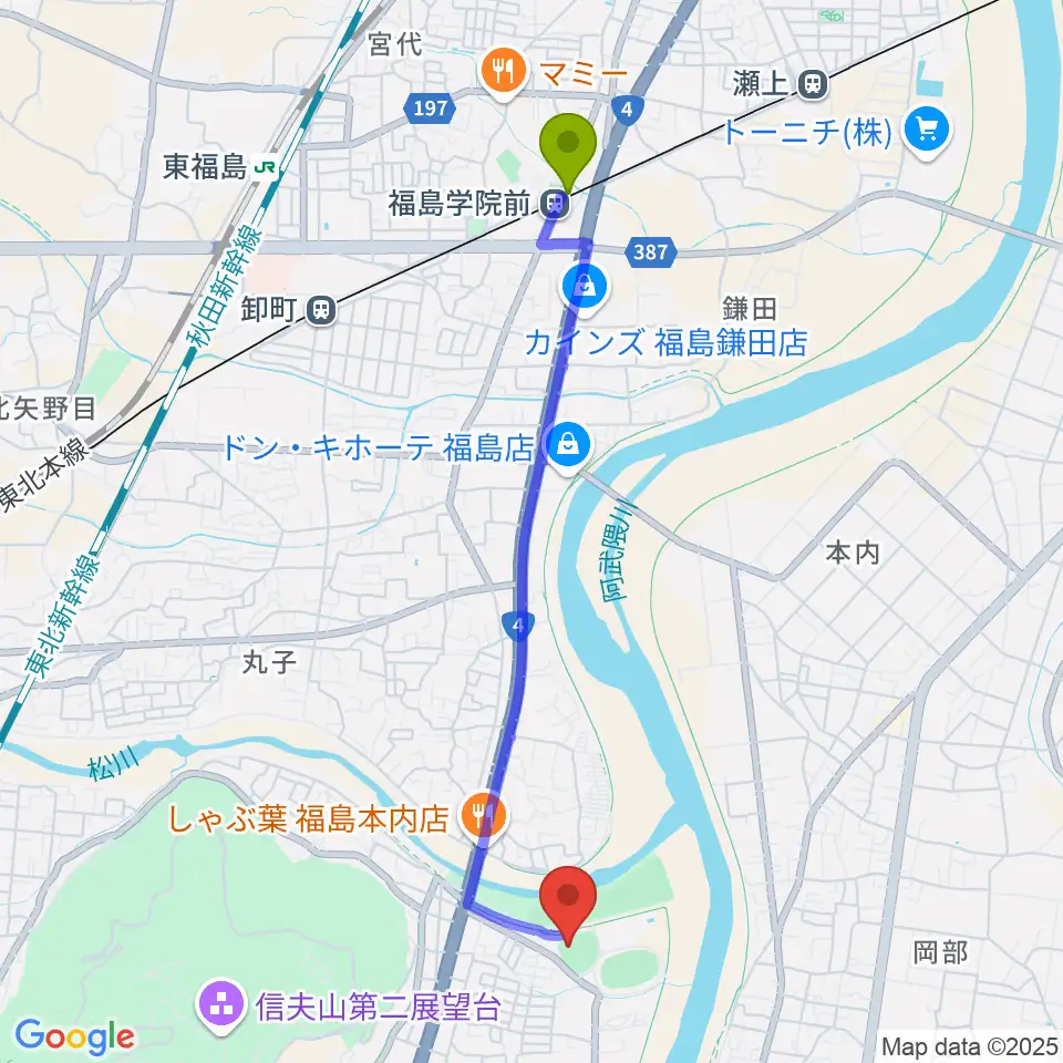 福島学院前駅から福島市信夫ヶ丘球場へのルートマップ地図