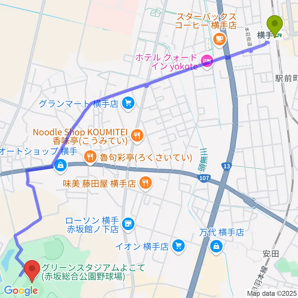 赤坂総合公園野球場の最寄駅横手駅からの徒歩ルート（約34分）地図