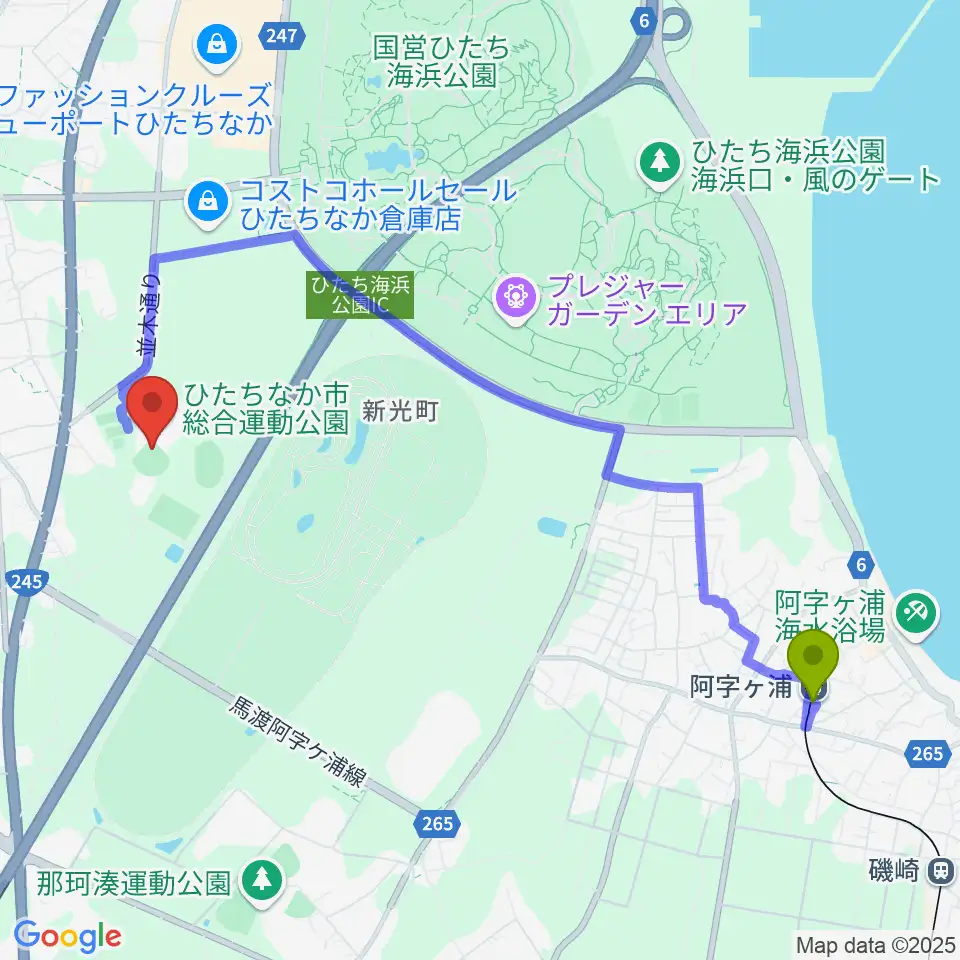 ひたちなか市民球場の最寄駅阿字ヶ浦駅からの徒歩ルート（約45分）地図